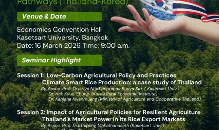 ขอเชิญเข้าร่วมโครงการสัมมนานานาชาติ The 1st KREI–Kasetsart University Joint International Seminar ภายใต้หัวข้อ “Resilent Agricultural in Transition: Policy Impacts and Cabon-Neutral Pathways (Thailand-Korea)”